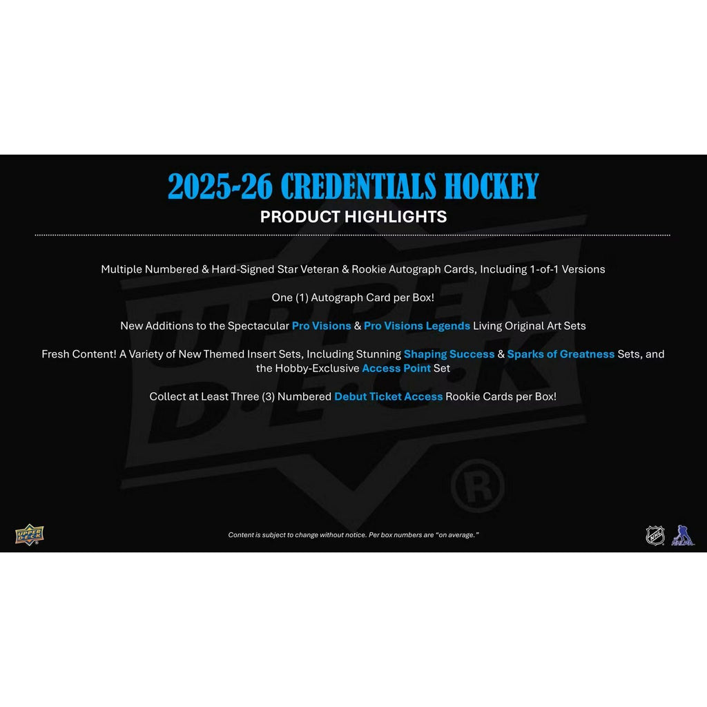 2025-26 Upper Deck Credentials Hockey Hobby Box *Contact Us To Order*