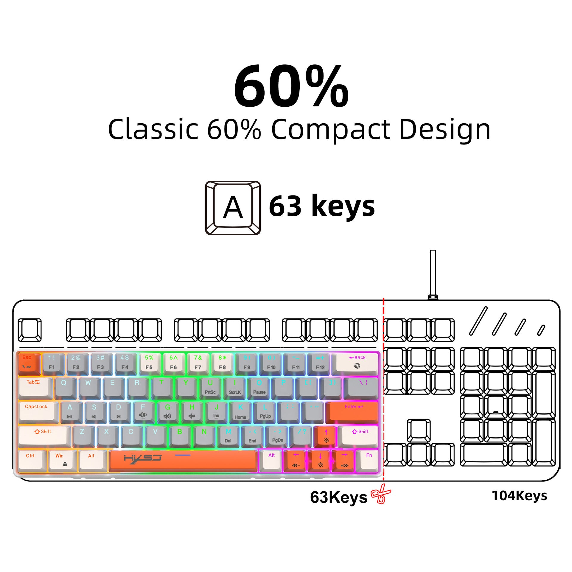 63-Key RGB Mechanical Gaming Keyboard – Compact 60% Wired Keyboard with Type-C Cable & Red Switches