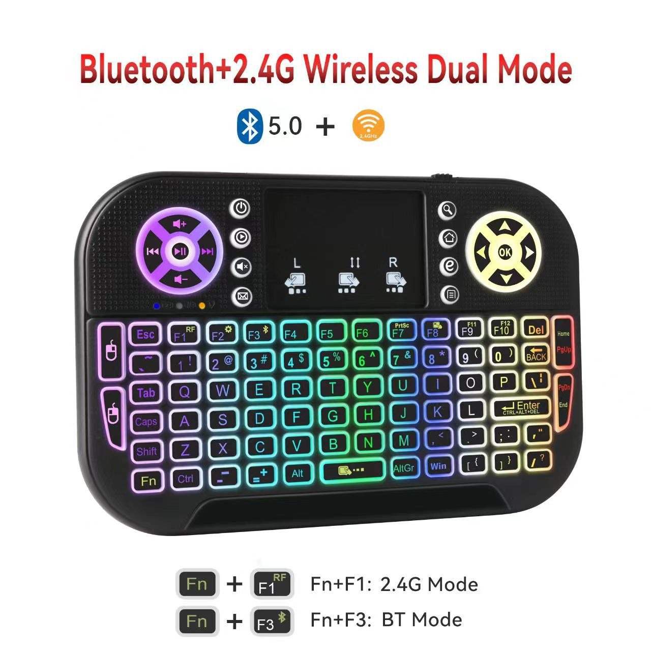 Mini Wireless Keyboard with Touchpad – Bluetooth 5.0 & 2.4GHz RGB Backlit Keyboard