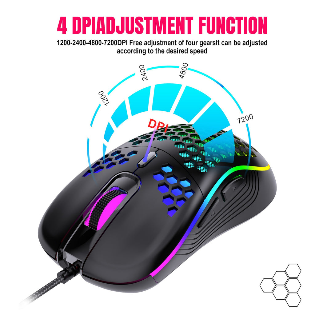 Honeycomb Wired Gaming Mouse – 6D Ergonomic USB Mouse with Adjustable DPI