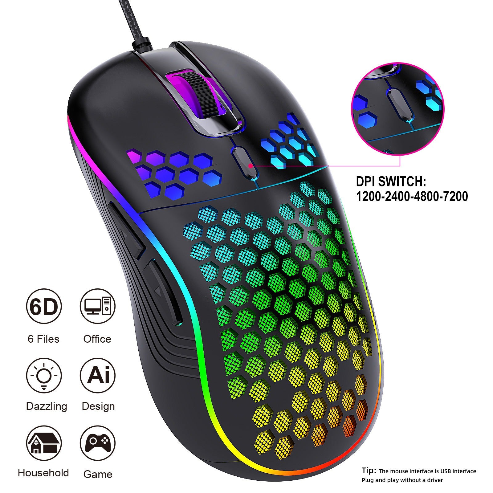 Honeycomb Wired Gaming Mouse – 6D Ergonomic USB Mouse with Adjustable DPI